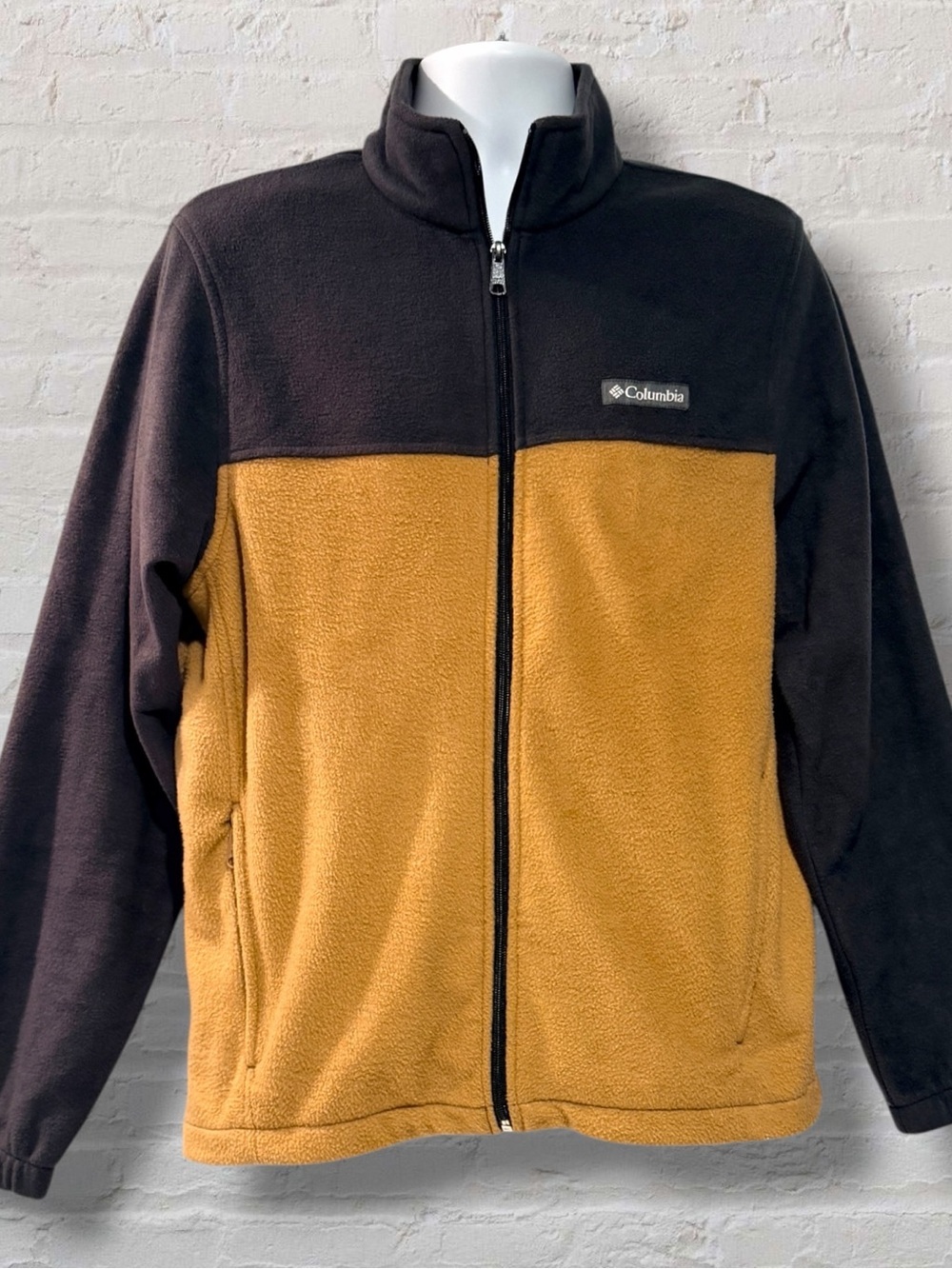 Columbia Men’s Full Zip Fleece Jacket M Brown Mustard Color Block Outdoor